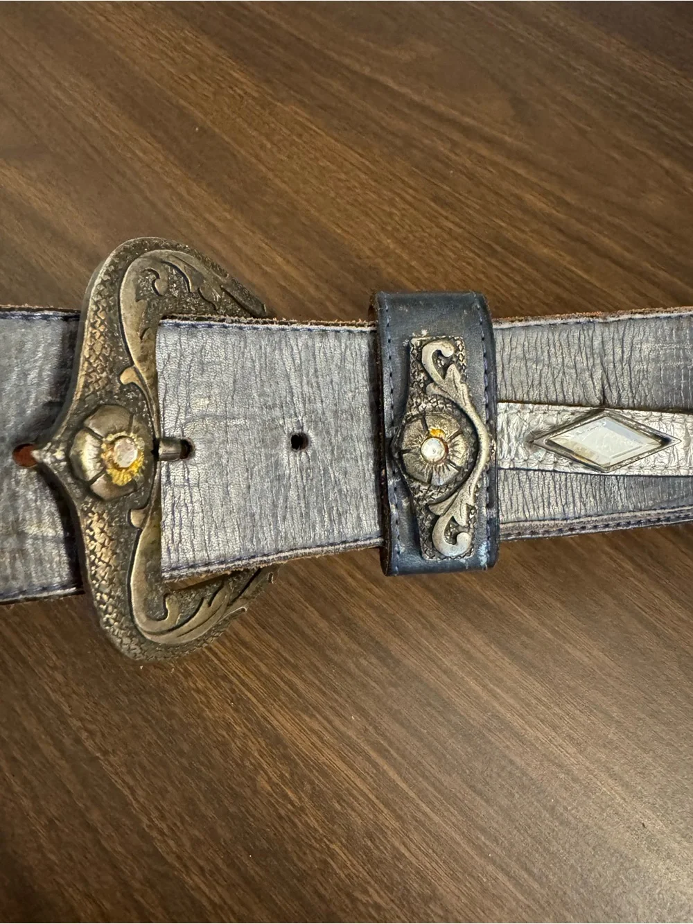 Streets Ahead Women’s Small Leather Western Belt Black Gray Crystal Embellished